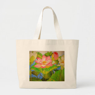 Grand Tote Bag Peinture rose d'art d'aquarelle de nénuphar de