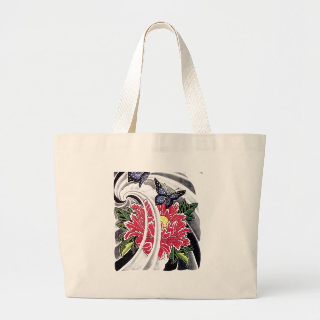 Grand Tote Bag Peony Flower et Papillon Tattoo Design (Devant)