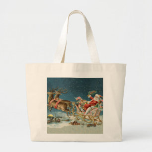 Grand Tote Bag Père Noël Noël Antique Traîneau Renne