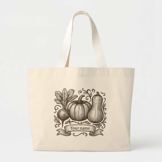 Grand Tote Bag Personalized Farmhouse Autumn Vegetables Drawing (Devant)