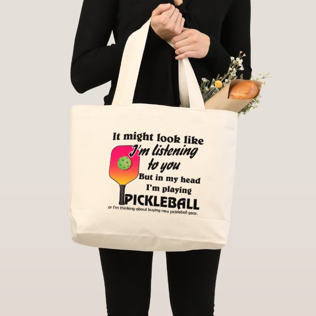 Grand Tote Bag Pickleball Lover Dans ma tête je joue au Picklebal (Devant (produit))