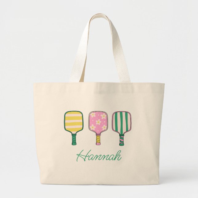Grand Tote Bag Pickleball rose jaune Preppy Personnalisé (Devant)