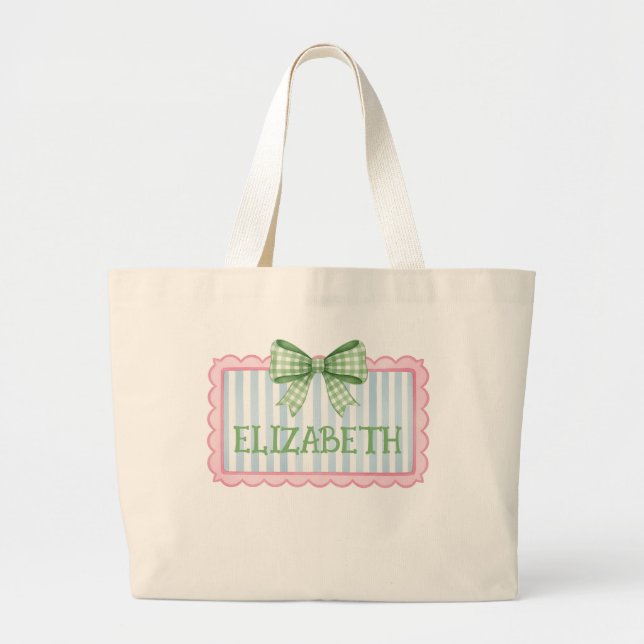 Grand Tote Bag Pink and Blue Frame With Green Gingham Bow (Devant)