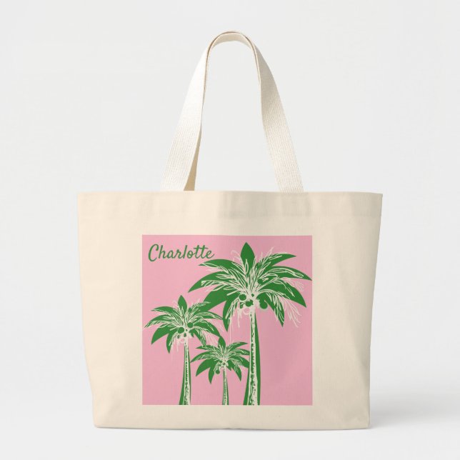 Grand Tote Bag Pink Green Palm Tree Preppy Beach Nom d'été (Devant)