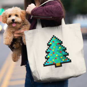 Grand Tote Bag Pixel art arbre de Noël vert avec décorations