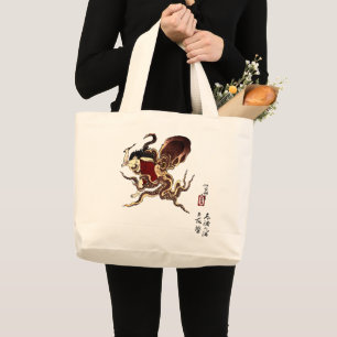 Grand Tote Bag Plongeur d'abulone japonais et combat d'octopus