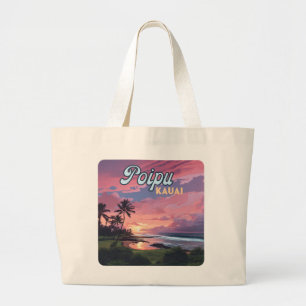 Grand Tote Bag Poipu Kauai Hawaii Plage Palmiers Rétro