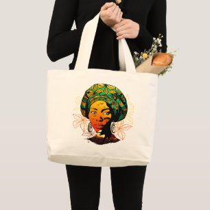Grand Tote Bag Portrait féminin africain avec coucher de soleil