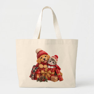 Grand Tote Bag Puppy festif et Kitten Winter Wonderland