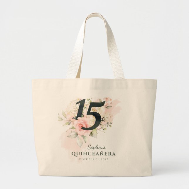 Grand Tote Bag Quinceanera Rose Floral Rustique 15e anniversaire (Devant)