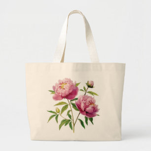 Grand Tote Bag Réduction du prix des pivoines roses illustrées à