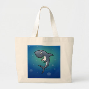 Grand Tote Bag Requin drôle souriant sur fond bleu