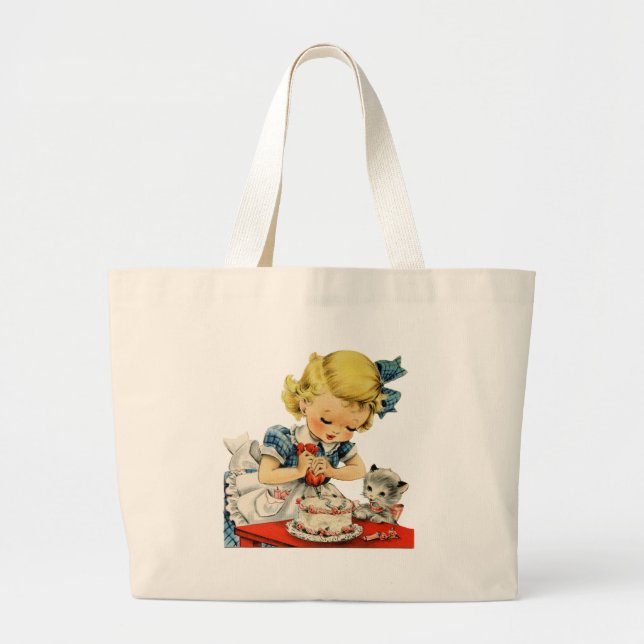 Grand Tote Bag Rétro Anniversaire Fille Cake Cat Enfants Artwork (Devant)