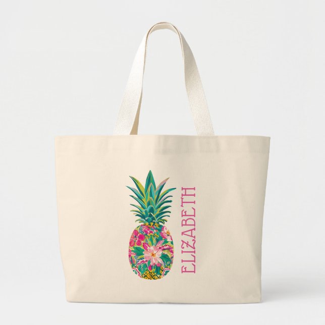 Grand Tote Bag Rose tropical et vert floral Ananas (Devant)