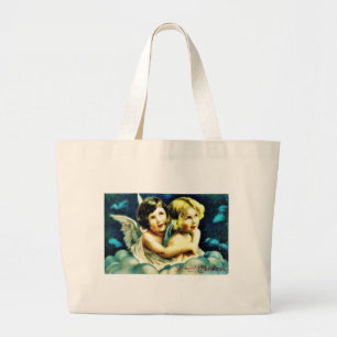 Grand Tote Bag Salutation de Noël avec deux anges huging