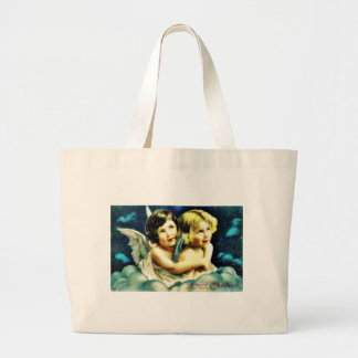 Grand Tote Bag Salutation de Noël avec deux anges huging