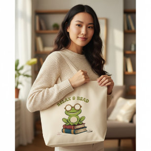 Grand Tote Bag Se détendre & Lire Grenouille Mignonne sur des Liv