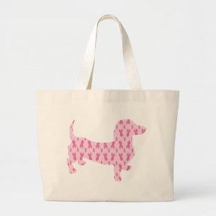 Grand Tote Bag Sensibilisation au cancer du sein Dachshund rose