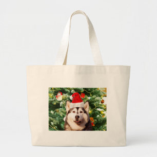 Grand Tote Bag Sibérie Husky Arbre de Noël Ornements Snowman