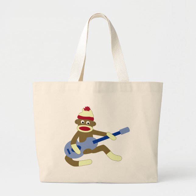 Grand Tote Bag Singe de chaussette jouant la guitare bleue (Devant)