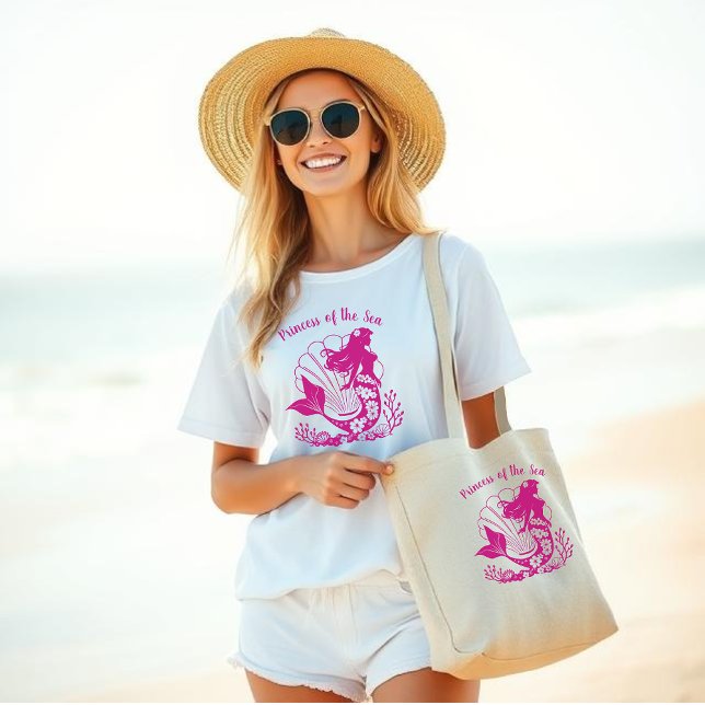 Grand Tote Bag Sirène hawaïenne-Princesse des Pêcheurs de mer- (Hawaiian Mermaid-Sea Shells and Tropical Flowers-Fisherman Core-Pink)