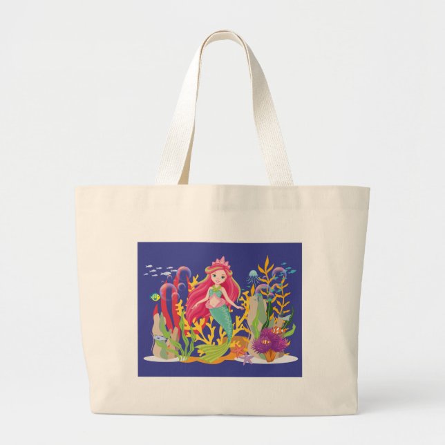 Grand Tote Bag Sirène Océanique : cheveux longs (Devant)