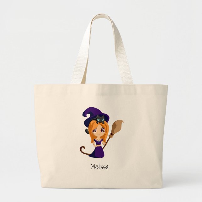 Grand Tote Bag Sorcière mignonne en Casquette violet Halloween (Devant)