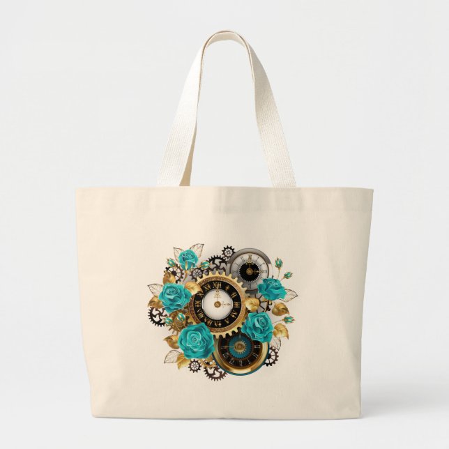 Grand Tote Bag Steampunk Clock and Turquoise Roses on Striped (Devant)