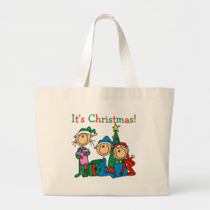 Grand Tote Bag Stick Figure Enfants C'est Noël Tshirts et cadeaux
