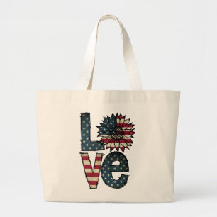 Grand Tote Bag Sunflower Love Drapeau américain Étoiles et ra