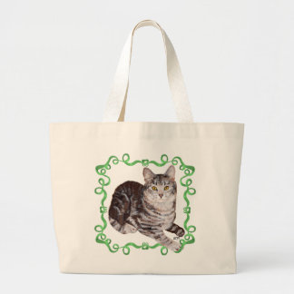 Grand Tote Bag Tabby américain Tabby Cat Green Ribbon