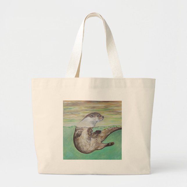 Grand Tote Bag Tableau de la loutre de rivière joueuse (Devant)