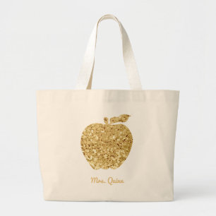 Grand Tote Bag Teacher personnalisé Gold Faux Sequin Pomme Glam