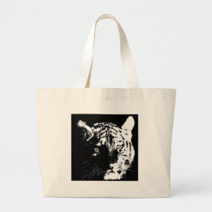 Grand Tote Bag Tigre noir et blanc Pop Art