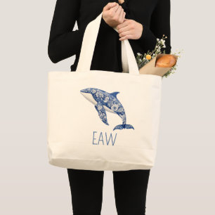 Grand Tote Bag Toile Bleue Florale Dauphin de Plage Personnalisé