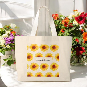 Grand Tote Bag Tournesol jaune Floral blanc