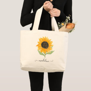Grand Tote Bag Tournesol rustique écriture nom personnalisé