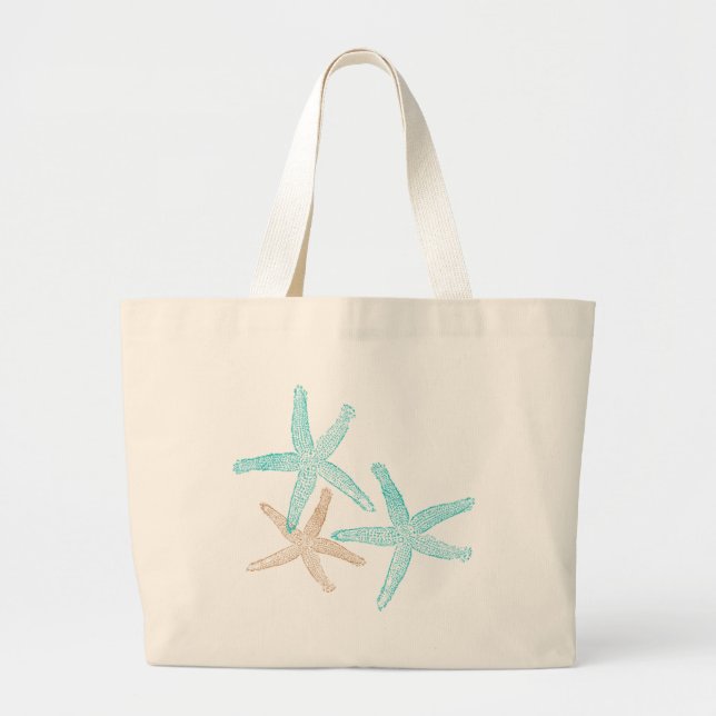 Grand Tote Bag Trois étoiles de mer Turquoise et Tan (Devant)
