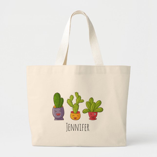 Grand Tote Bag Trois mignons cactus dans des pots de fleurs Illus (Devant)