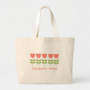 Grand Tote Bag Tulipes roses et vertes personnalisées réversibles