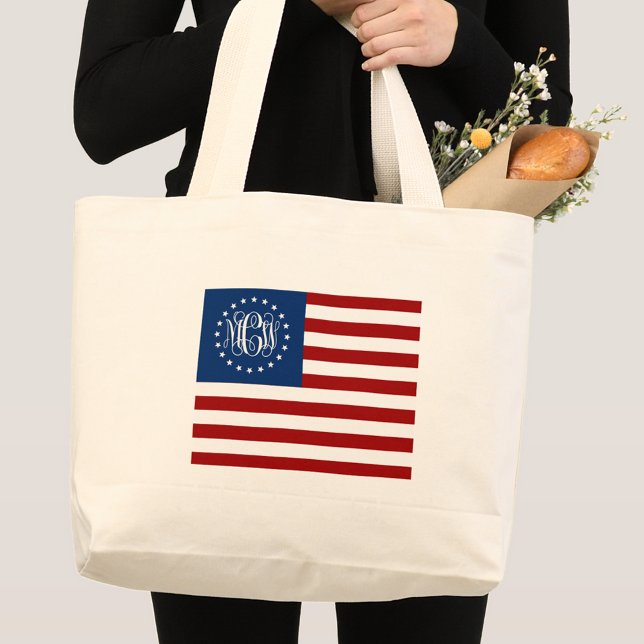Grand Tote Bag USA Drapeau Vine Script Monogramme W Étoiles #2 (Créateur téléchargé)