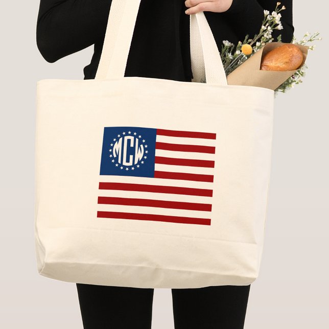 Grand Tote Bag USA Flag Circle Monogram W Stars #2 (Créateur téléchargé)