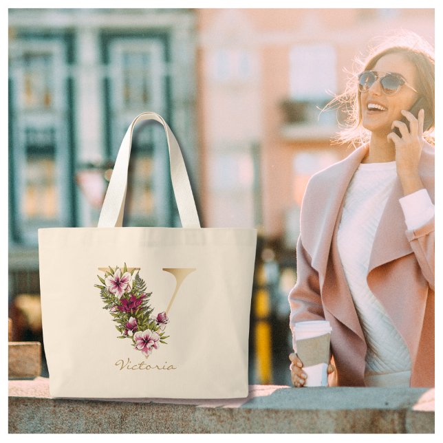 Grand Tote Bag V Lettre or Monogramme Marsala Flore blanche (Créateur téléchargé)