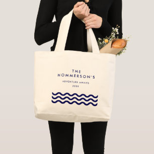 Grand Tote Bag Vacances d'été en famille Marine Blue Nautical Wav