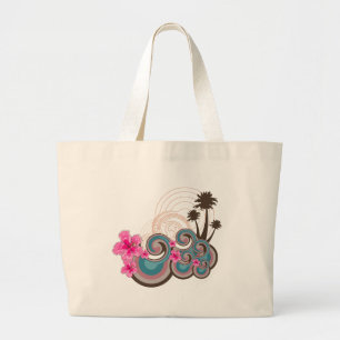 Grand Tote Bag Vagues tropicales Hibiscus roses chauds Plage Palm