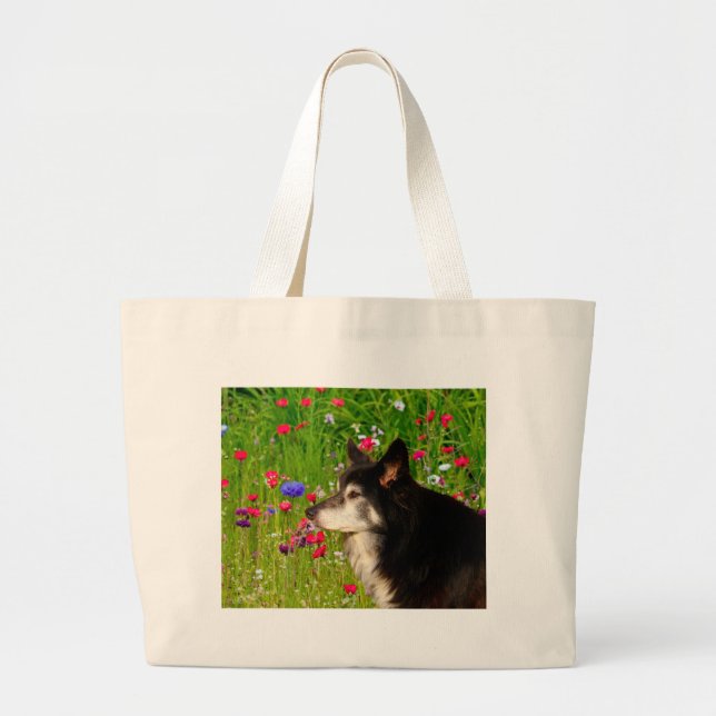 Grand Tote Bag Valentine Frontière Collie avec de belles fleurs (Devant)