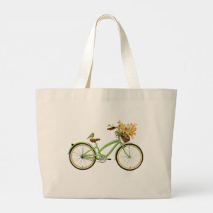 Grand Tote Bag Vélo avec panier d'oiseaux et de fleurs Vert Jaune
