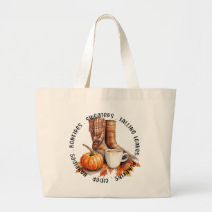 Grand Tote Bag Vibes D'Automne Cosy - Bottes, Épices Citrouilles,