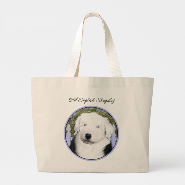 Grand Tote Bag Vieux anglais Sheepdog Puppy Painpy Pet Dog Art (Dos)