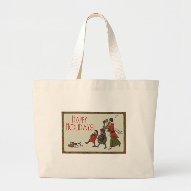 Grand Tote Bag Vintage Noël Shopping Famille Amusants (Devant)